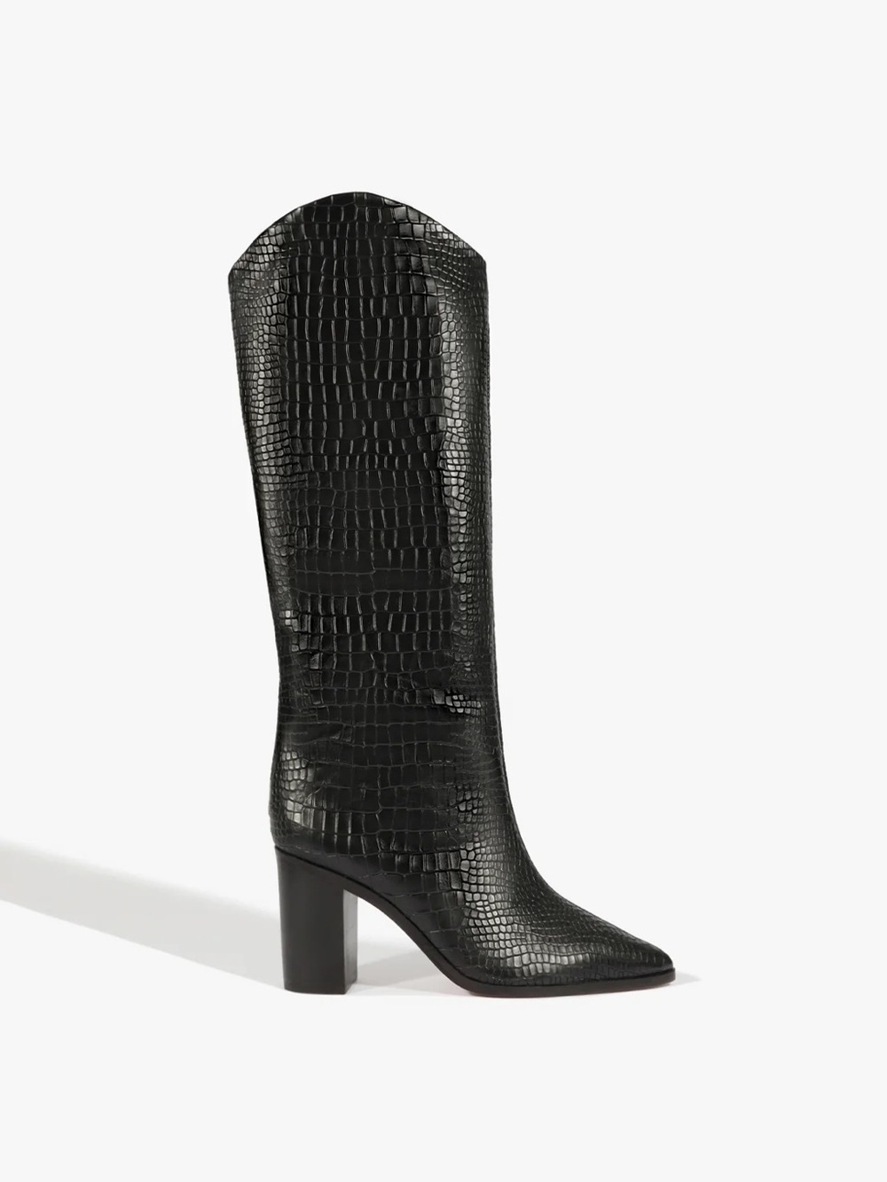 SCHUTZ • Like New Mayrana Block Knee Boots in Black Crocodile Embossed Leather
